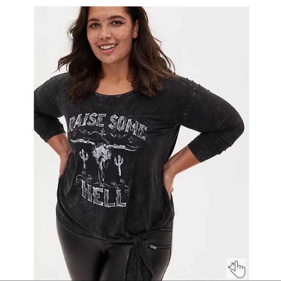 NEW TORRID SUPER SOFT RAISE HELL BLACK MINERAL WASH TIE-FRONT TEE. 1X. NWT - Picture 1 of 6